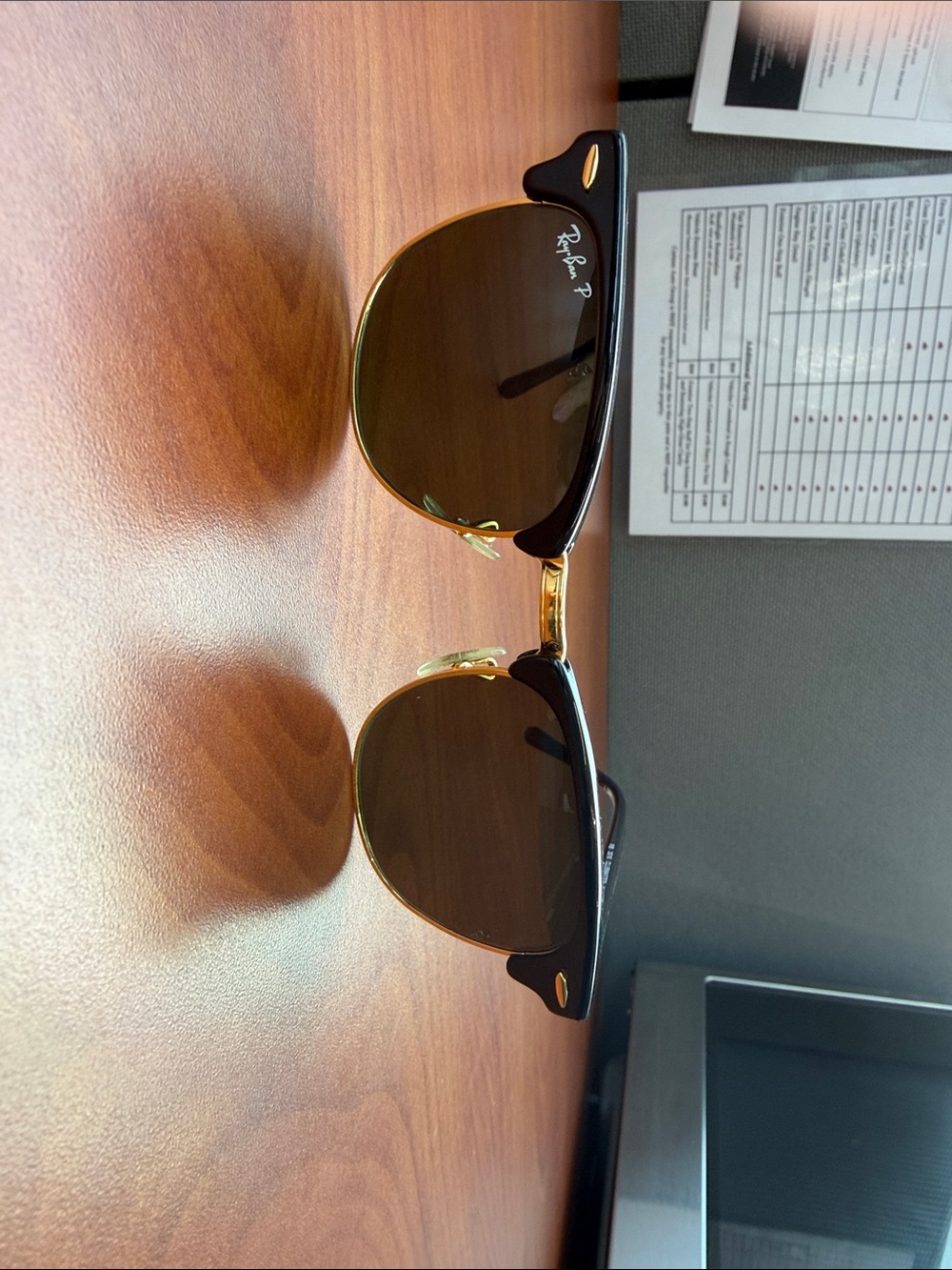 Ray-Ban Black and Gold Clubmaster Sunglasses with Brown Lenses